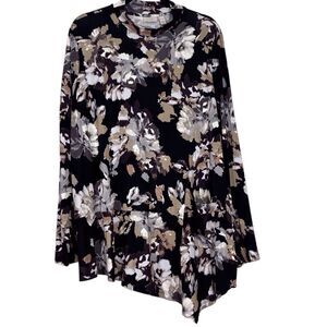 LOGO Lori Goldstein Tunic Top XL Black Dark Floral Boho Whimsigoth Asymmetric